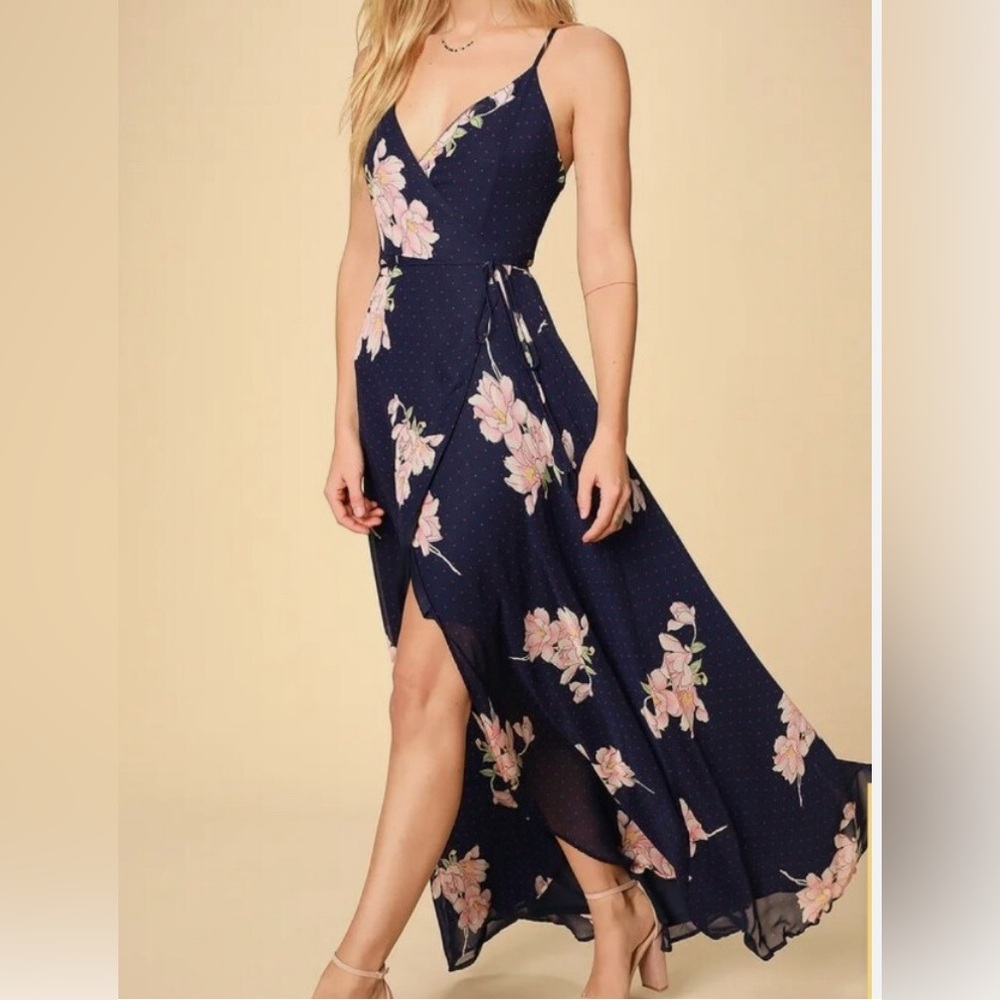 Lulus Maxi Dress Loiselle Navy Blue Floral Print Polka Dot Wrap Dress